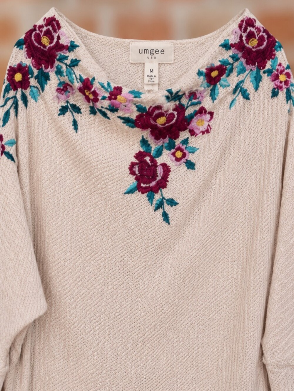 Umgee Floral Embroidered Waffle Knit Boho Top Medium Off The Shoulder Western - Picture 3 of 12